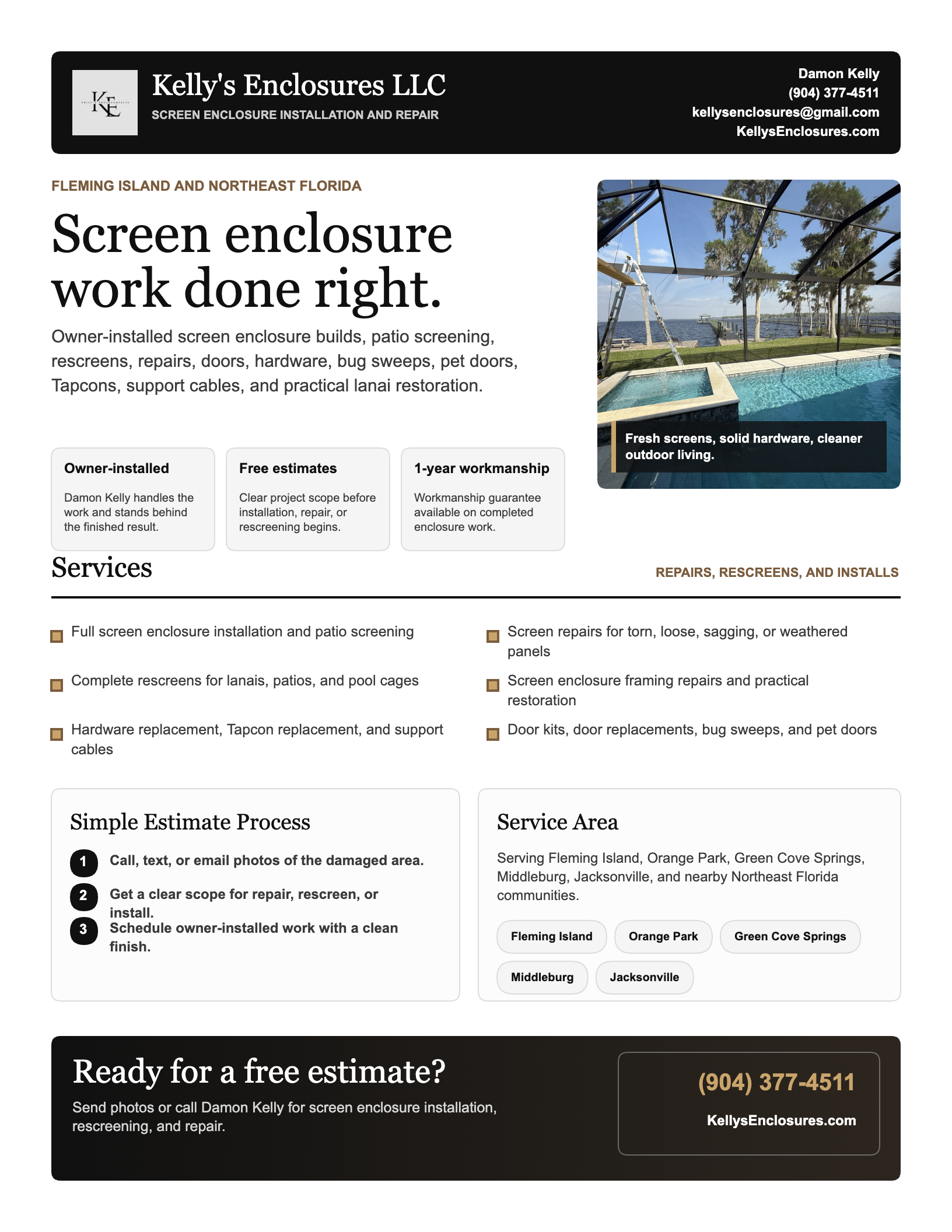 Kelly's Enclosures branded one-page service sheet marketing material